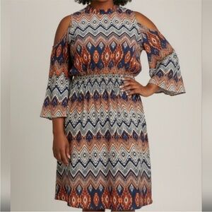 Geometric Patterned Cold Shoulder Mini Dress